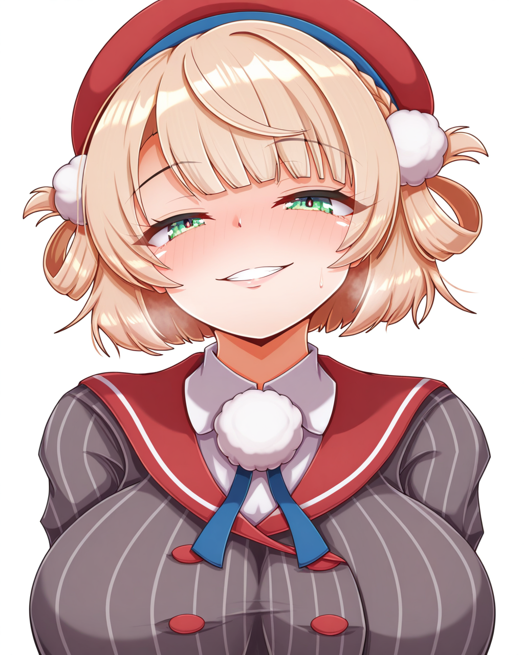 16834-1871675337-1girl, solo, shigure ui _(vtuber_),green eyes, blonde hair, short hair,hair rings,pom pom hair ornament,beret,grey striped jacke.png